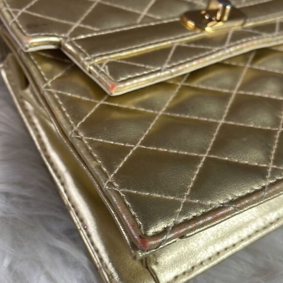 Gold Metallic Quilted Evening Bag with Goldtone Chain - Picture 5 of 11